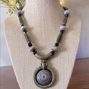 CHICO’S Brass/Silver Tone Medallion Statement Necklace